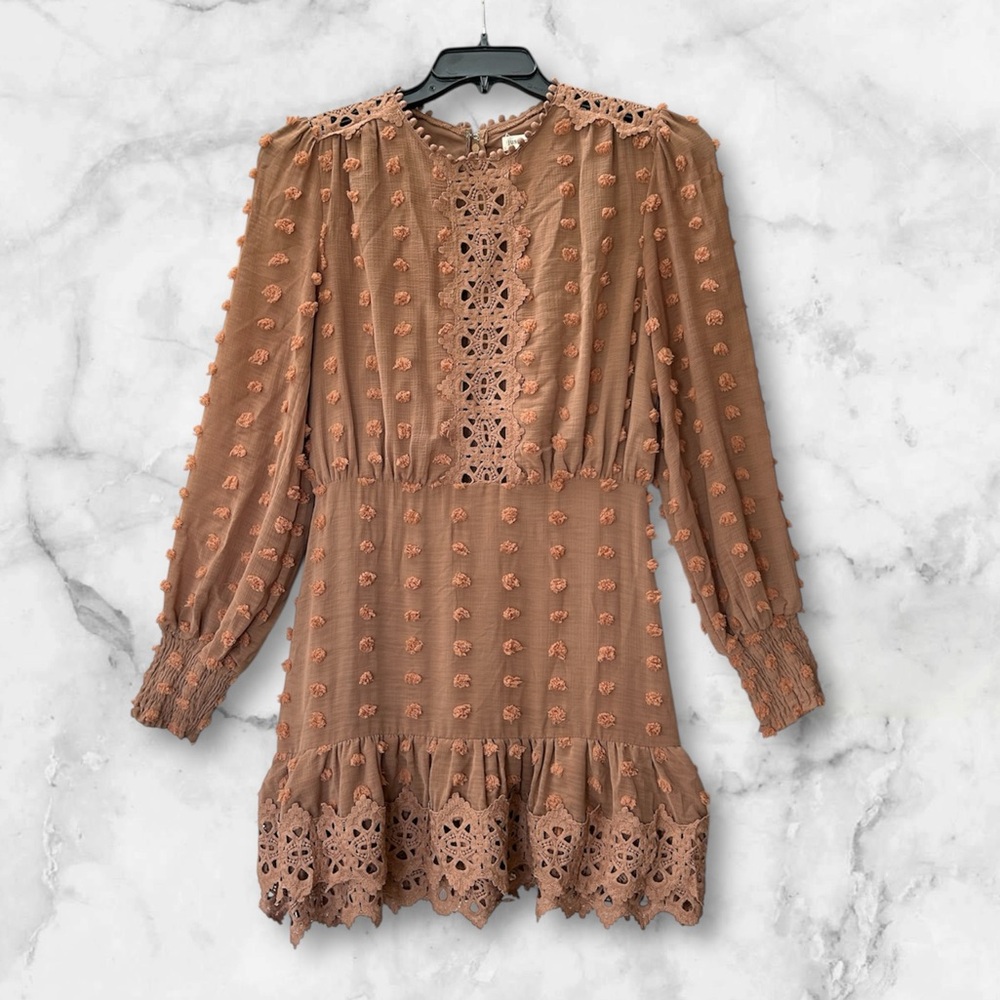 Just Me Boho Swiss Dot Crochet Lace Ruffled Hem Party Mini Dress Cognac Size M - Picture 2 of 15